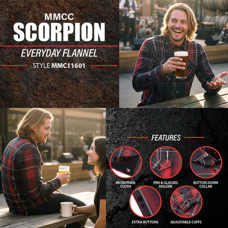MMCC Men's Scorpion Red Black White Plaid Long Sleeve Flannel Shirt - Button-Up - MMC11601