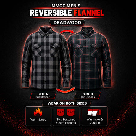 MMCC Men's Deadwood Reversible Flannel Shirt - 100% Cotton Snap Front Plaid w/ Chest and Hand Pockets - MNG11805