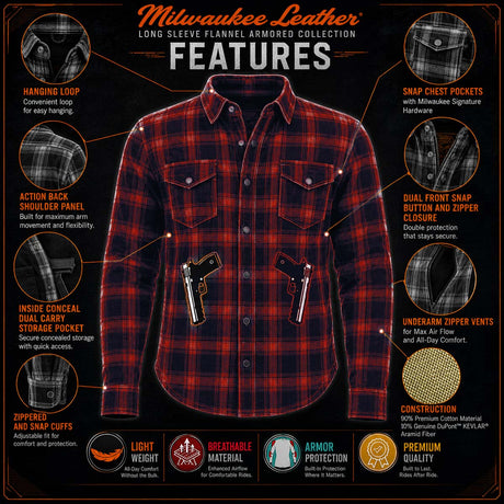 Milwaukee Leather MPM1631 Men's Plaid Flannel Biker Shirt with CE Approved Armor - Reinforced w/ Aramid Fiber