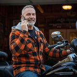 Milwaukee Leather Men’s Titans Orange & Black Plaid Hooded Riding Shirt w/ CE Armor & Aramid Fiber Panels - MPM1642