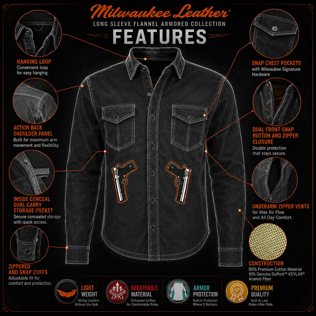 Milwaukee Leather MPM1622 Men's Black CE Armored Denim Long Sleeve Shirt Reinforced w/ Aramid Fibers