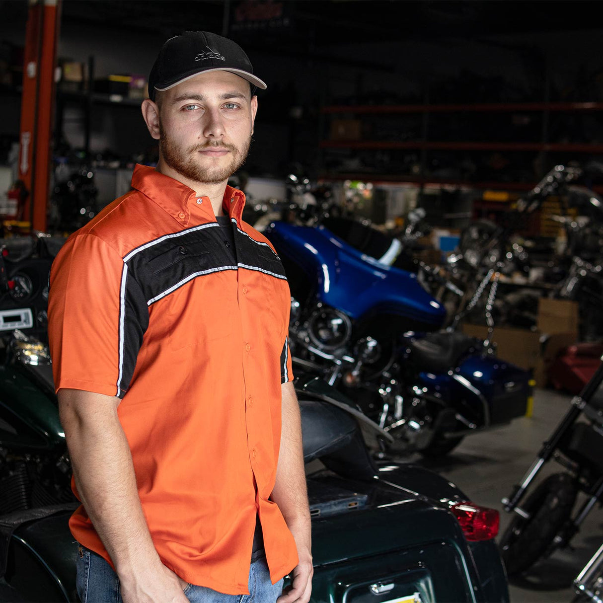 Milwaukee Leather MDM11670 Men’s Orange-Black Mechanic Work Shirt w/ Reflective Strip - Heavy-Duty Button-Up