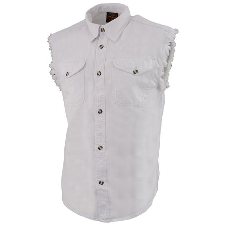 Milwaukee Leather DM4006 Men's White Denim Lightweight Shirt with Sleeveless Frayed Cut Off