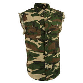 Milwaukee Leather DM4010 Men's Camo Lightweight Denim Shirt with Vintage and Frayed Sleeveless Look
