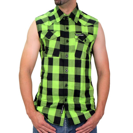 Hot Leathers GMS3492 Men’s Black and Green Shredder Skull Sleeveless Flannel Shirt