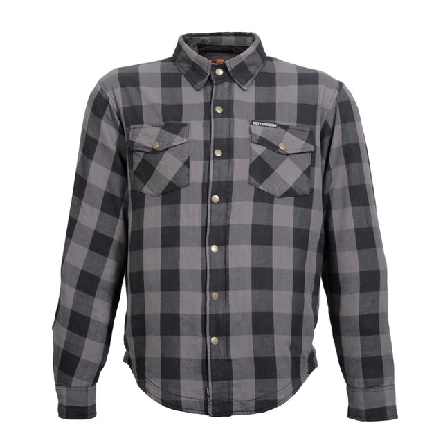 Hot Leathers JKM3004 Men's Grey/Black CE Armored Flannel Motorcycle Shirt Jacket - Aramid Fiber Reinforced