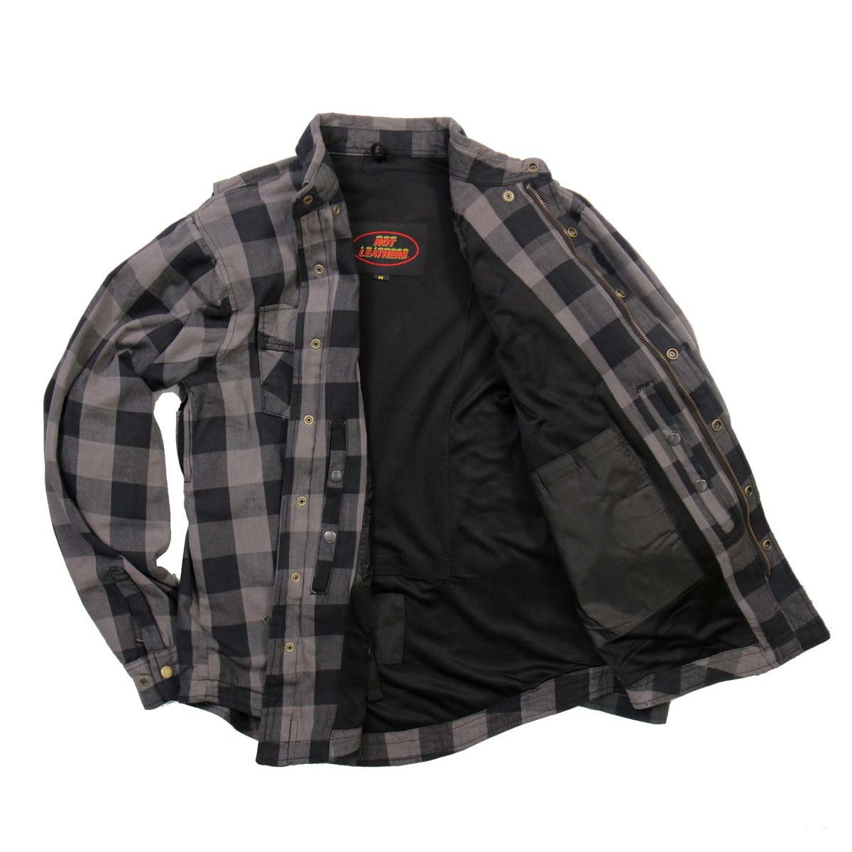 Hot Leathers JKM3004 Men's Grey/Black CE Armored Flannel Motorcycle Shirt Jacket - Aramid Fiber Reinforced
