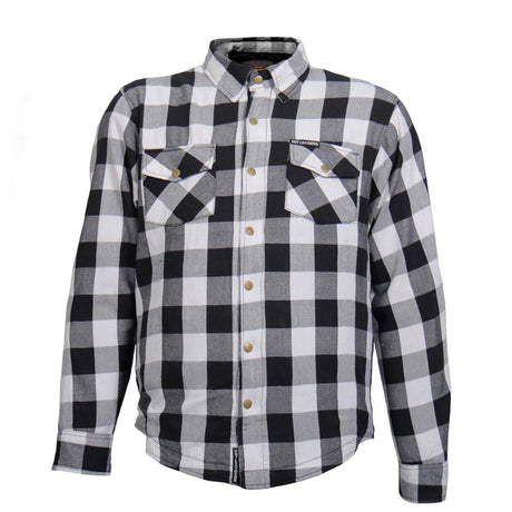 Hot Leathers JKM3005 Men's White/Black CE Armored Flannel Motorcycle Shirt Jacket - Aramid Fiber Reinforced