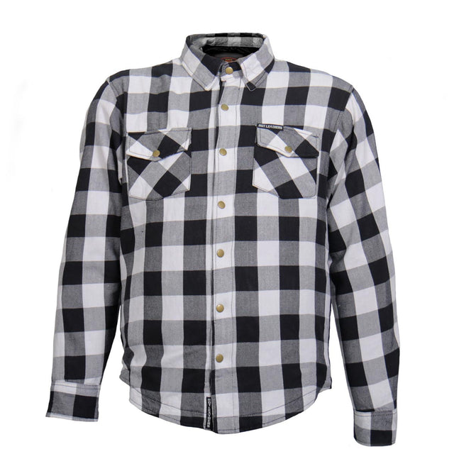 Hot Leathers JKM3005 Men's White/Black CE Armored Flannel Motorcycle Shirt Jacket - Aramid Fiber Reinforced