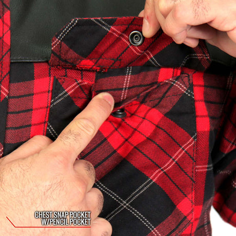Hot Leathers JKM3201 Men's Red and Black Aramid Fibers Reinforced Leather and Plaid Flannel Shirt
