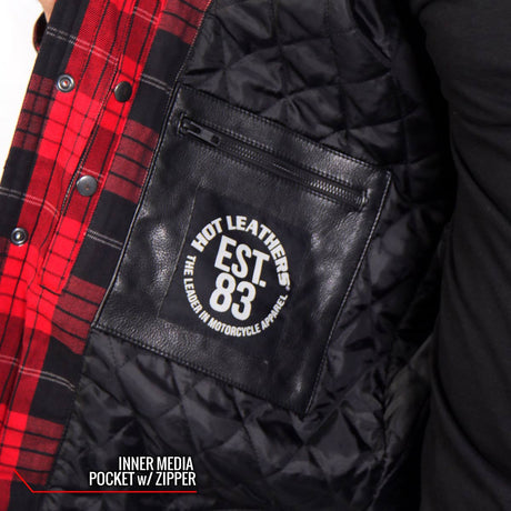 Hot Leathers JKM3201 Men's Red and Black Aramid Fibers Reinforced Leather and Plaid Flannel Shirt