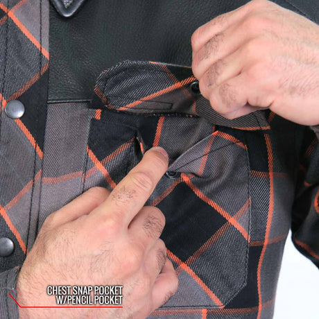 Hot Leathers JKM3202 Men's Grey Black and Orange Aramid Fibers Reinforced Leather and Plaid Flannel Shirt