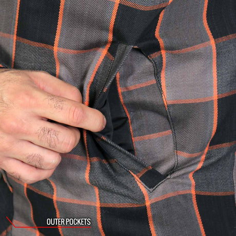 Hot Leathers JKM3202 Men's Grey Black and Orange Aramid Fibers Reinforced Leather and Plaid Flannel Shirt