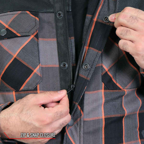 Hot Leathers JKM3202 Men's Grey Black and Orange Aramid Fibers Reinforced Leather and Plaid Flannel Shirt
