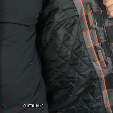 Hot Leathers JKM3202 Men's Grey Black and Orange Aramid Fibers Reinforced Leather and Plaid Flannel Shirt