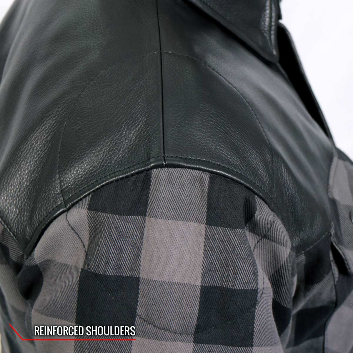 Hot Leathers JKM3203 Men's Grey and Black Aramid Fibers Reinforced Leather and Plaid Flannel Shirt