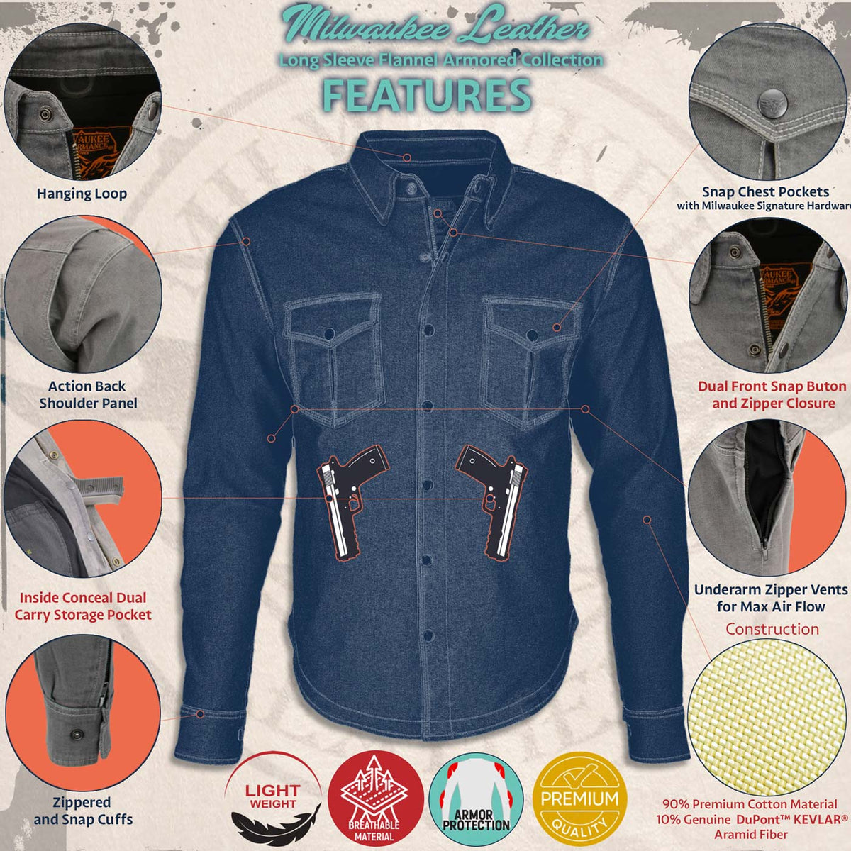 Milwaukee Leather MPM1622 Men's Black CE Armored Denim Long Sleeve Shirt Reinforced w/ Aramid Fibers