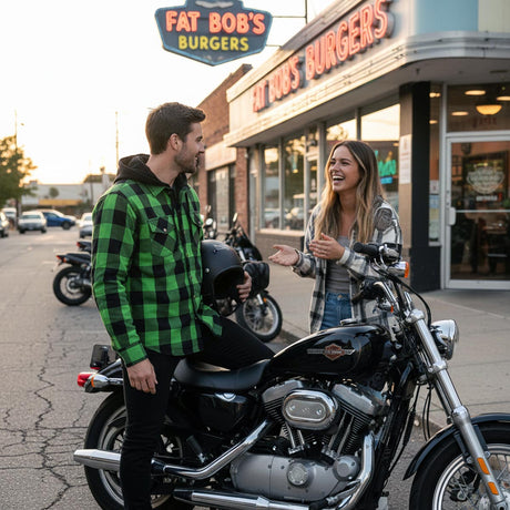 Milwaukee Leather Men’s Titans Green and Black Plaid Hooded Riding Shirt w/ CE Armor & Aramid Fiber Panels - MPM1659