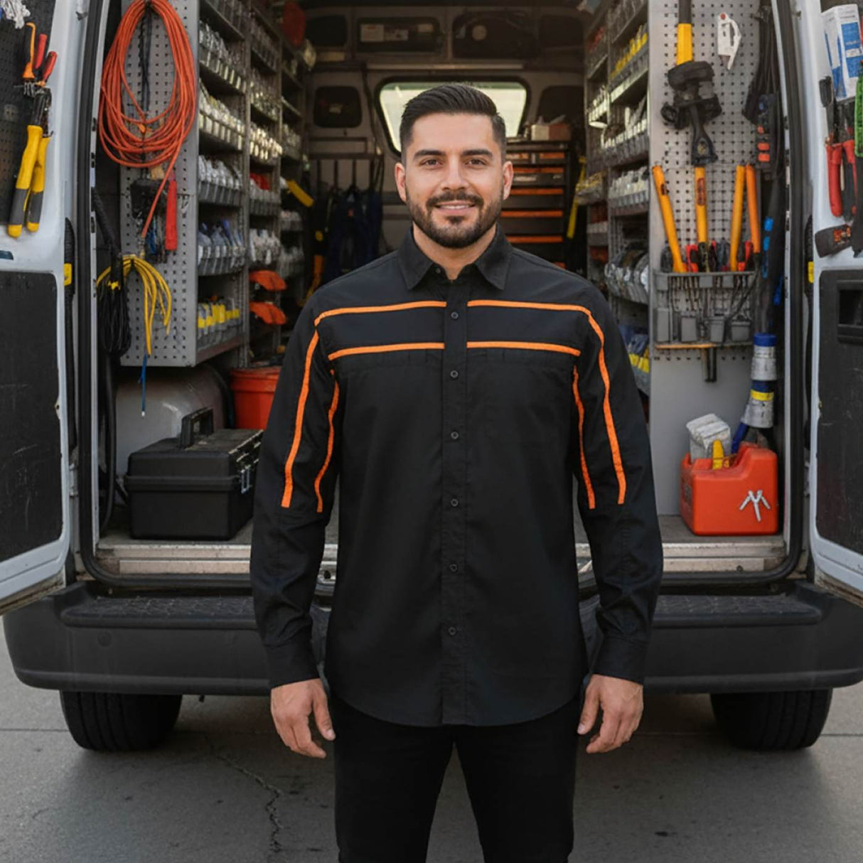 MMCC Men's Octane Long Sleeve Mechanic Shirt - Black with Orange Stripe - 50-50 Cotton Poly - MMCC16003