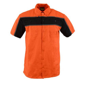 Milwaukee Leather MDM11670 Men’s Orange-Black Mechanic Work Shirt w/ Reflective Strip - Heavy-Duty Button-Up