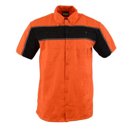 Milwaukee Leather MDM11670 Men’s Orange-Black Mechanic Work Shirt w/ Reflective Strip - Heavy-Duty Button-Up
