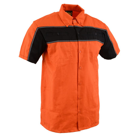 Milwaukee Leather MDM11670 Men’s Orange-Black Mechanic Work Shirt w/ Reflective Strip - Heavy-Duty Button-Up