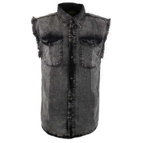 Milwaukee Leather MDM11683 Men’s Classic Beige/Black Button-Down Cut Off Frayed Sleeveless Casual Shirt