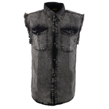 Milwaukee Leather MDM11683 Men’s Classic Beige/Black Button-Down Cut Off Frayed Sleeveless Casual Shirt