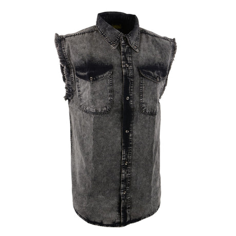 Milwaukee Leather MDM11683 Men’s Classic Beige/Black Button-Down Cut Off Frayed Sleeveless Casual Shirt