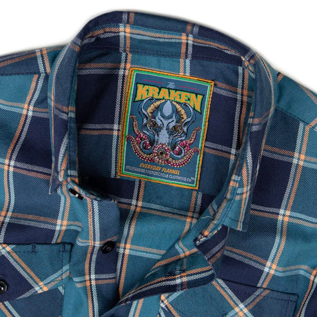 MMCC The Kraken Men's Blue Teal Orange Plaid Flannel Shirt - 100% Cotton Long Sleeve Button-Up - MMC11600