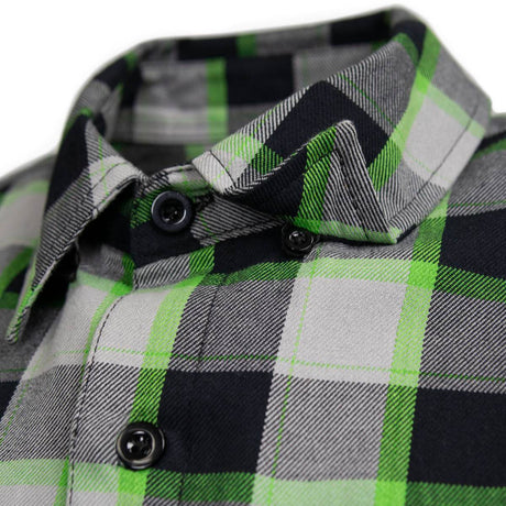 MMCC Men's Radioactive Black Gray Green Plaid Long Sleeve Flannel Shirt - Button-Up - MMC11602