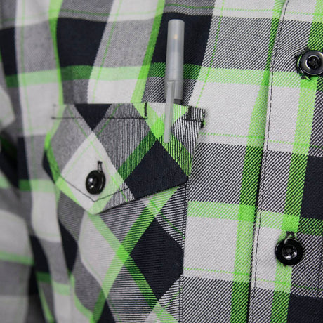 MMCC Men's Radioactive Black Gray Green Plaid Long Sleeve Flannel Shirt - Button-Up - MMC11602