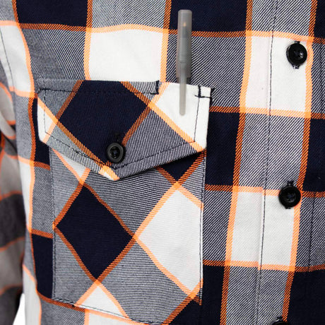 MMCC Men's Alpha Navy White Orange Plaid Flannel Shirt - 100% Cotton with Microfiber Wipe Panel - MMC11604