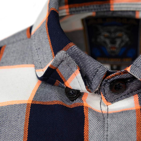 MMCC Men's Alpha Navy White Orange Plaid Flannel Shirt - 100% Cotton with Microfiber Wipe Panel - MMC11604