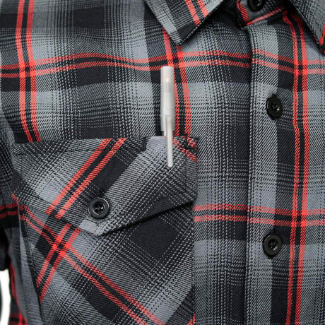 MMCC Men's Eclipse Grey Black Red Plaid Flannel Shirt - 100% Cotton with Microfiber Wipe Panel -MMC11605