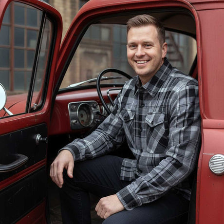 MMCC Men's Mastodon Grey Black White Plaid Flannel Shirt - 100% Cotton with Microfiber Wipe Panel - MMC11606