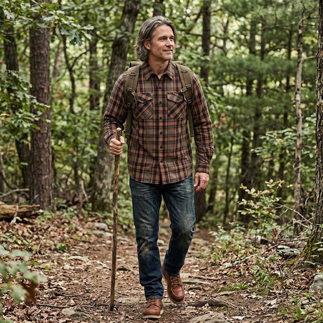 MMCC Men's Brimstone Plaid Black Orange Tan Flannel Shirt - 100% Cotton with Microfiber Wipe Panel - MMC11608
