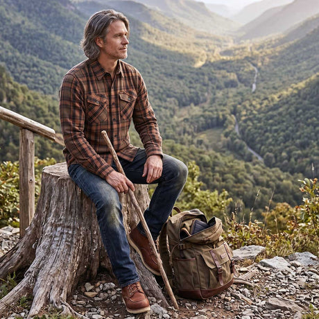 MMCC Men's Brimstone Plaid Black Orange Tan Flannel Shirt - 100% Cotton with Microfiber Wipe Panel - MMC11608