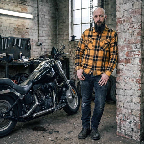 MMCC Deadbolt Men's Mustard Black White Plaid Flannel Shirt - 100% Cotton with Microfiber Wipe Panel - MMC11620
