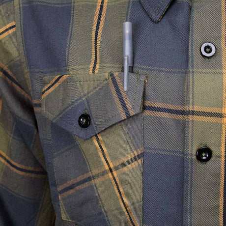 Garrison Men's Olive Gray Black Plaid Flannel Shirt - 100% Cotton Long Sleeve Button-Up - MMC11621