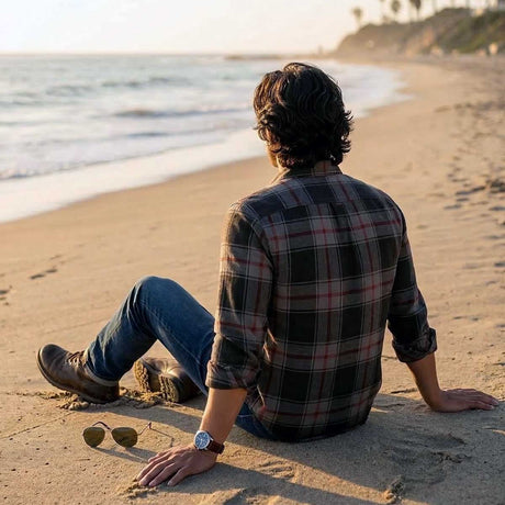 MMCC Blackout Men's Black Gray Red Plaid Flannel Shirt - 100% Cotton Long Sleeve Button-Up - MMC11622