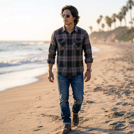 MMCC Blackout Men's Black Gray Red Plaid Flannel Shirt - 100% Cotton Long Sleeve Button-Up - MMC11622