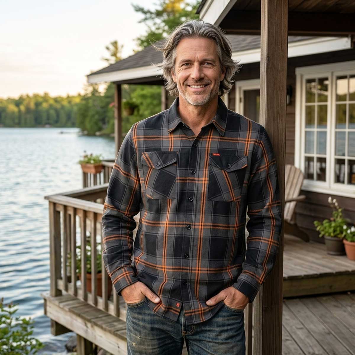 MMCC Burnline Men's Black Gray Orange Plaid Flannel Shirt - 100% Cotton Long Sleeve Button-Up - MMC11623