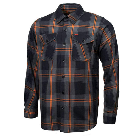 Burnline Men's Black Gray Orange Plaid Flannel Shirt - 100% Cotton Long Sleeve Button-Up - MMC11623