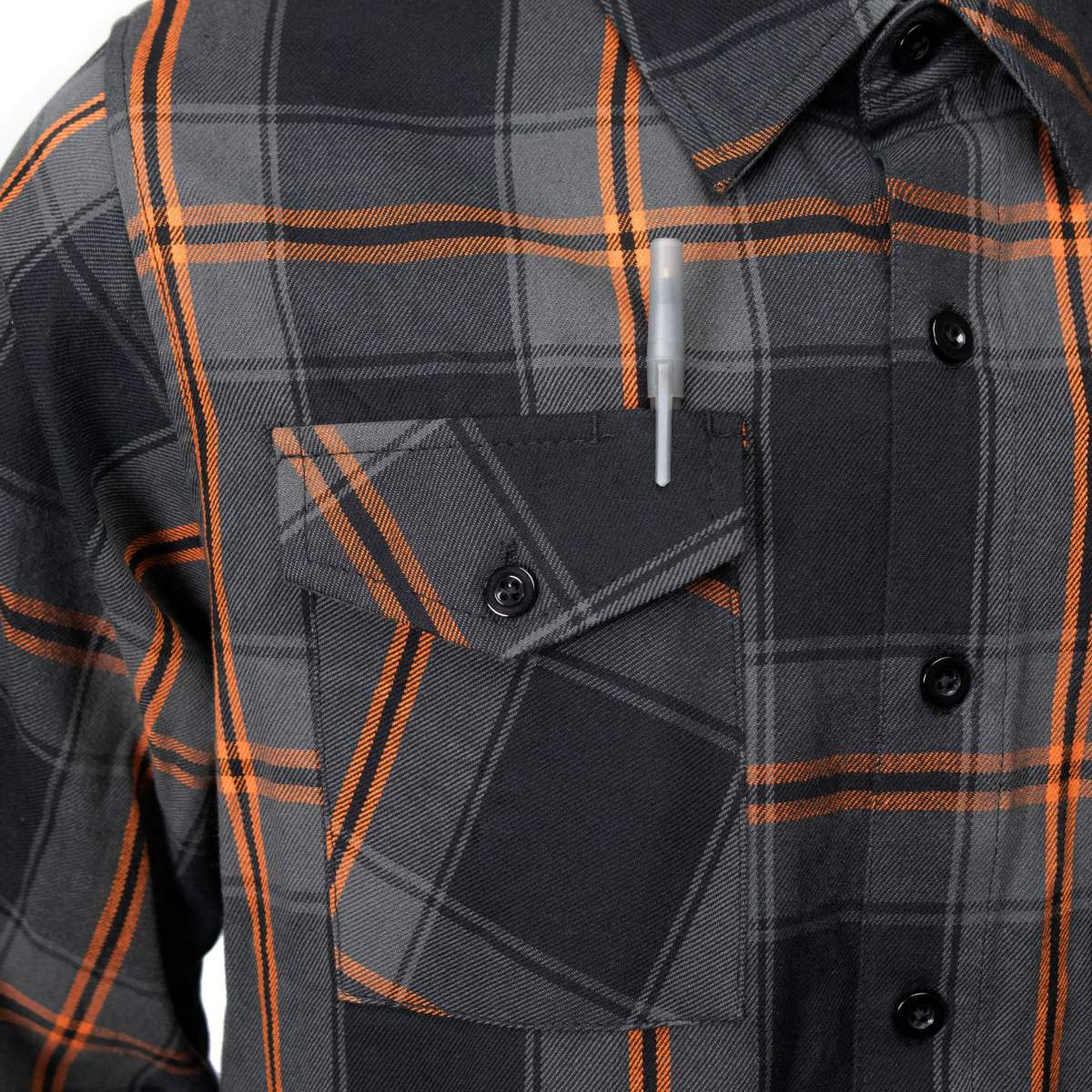 MMCC Burnline Men's Black Gray Orange Plaid Flannel Shirt - 100% Cotton Long Sleeve Button-Up - MMC11623