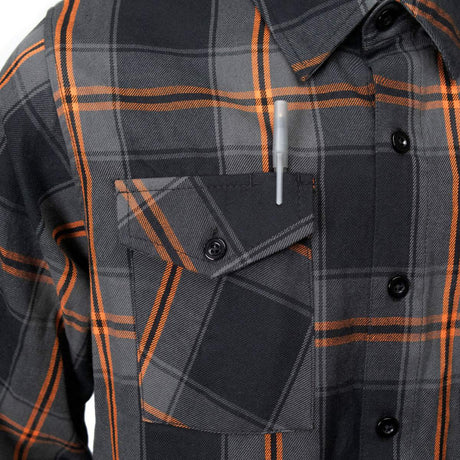 MMCC Burnline Men's Black Gray Orange Plaid Flannel Shirt - 100% Cotton Long Sleeve Button-Up - MMC11623