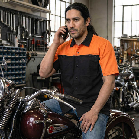 MMCC Men's Reveline Classic Mechanic Shirt - 100% Cotton - 2 Chest Zipper Pockets - Microfiber Panel