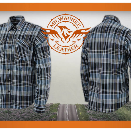 Milwaukee Leather MNG11626 Men's Flannel Plaid Black and White with Blue Long Sleeve Cotton Button Down Shirt