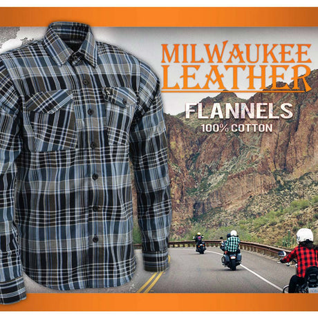 Milwaukee Leather MNG11626 Men's Flannel Plaid Black and White with Blue Long Sleeve Cotton Button Down Shirt