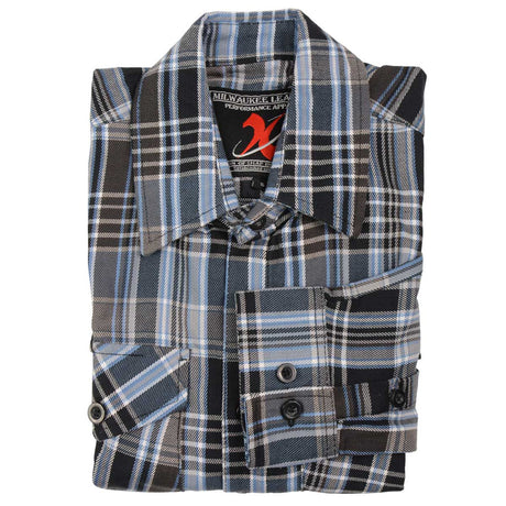 Milwaukee Leather MNG11626 Men's Flannel Plaid Black and White with Blue Long Sleeve Cotton Button Down Shirt